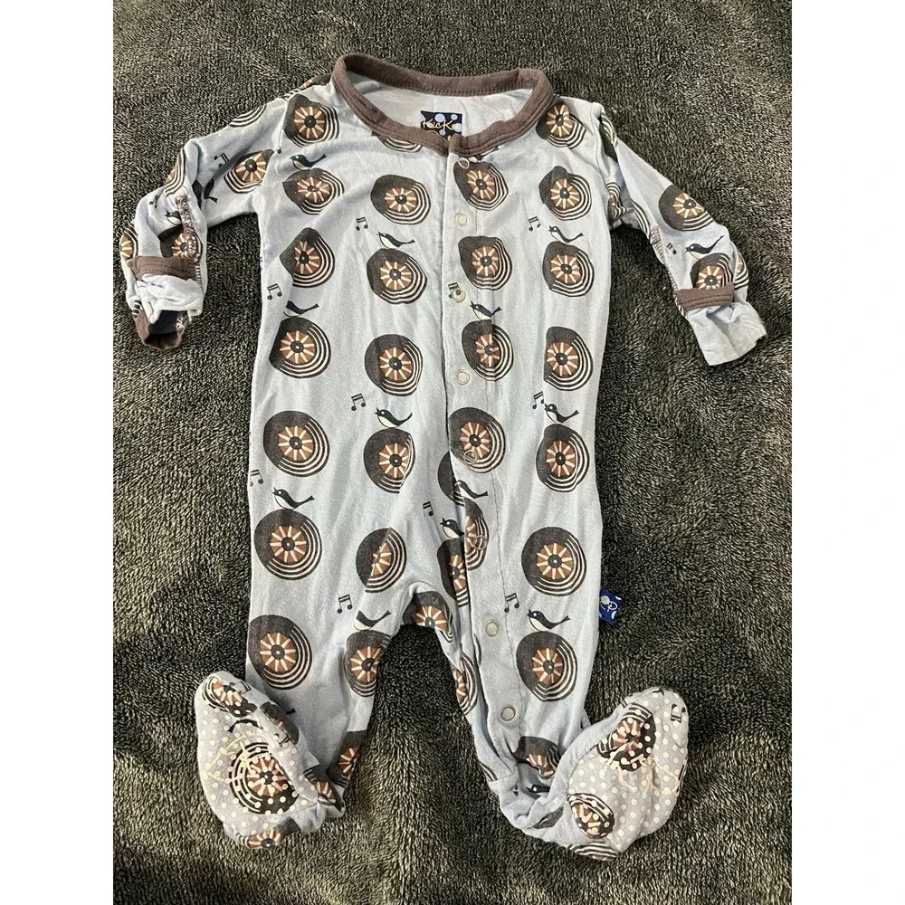 Kickee Pants bamboo baby‎ footie 0-3m Blue Gray Bird